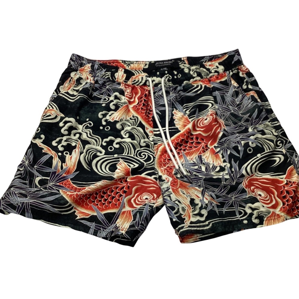 Cotton On Kahuna Short Men XL Koi Fish Japanese Wave Print Swim Trunks Black Red
